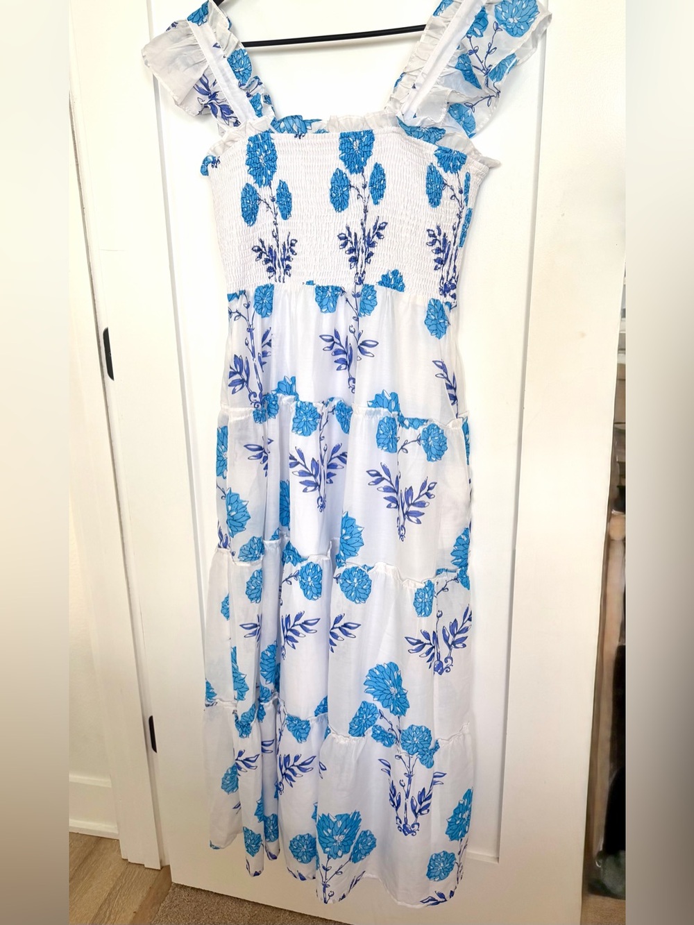 J. Marie Blue & White Floral Smocked Ruffle-Strap Tiered Midi Dress | L | NWOT